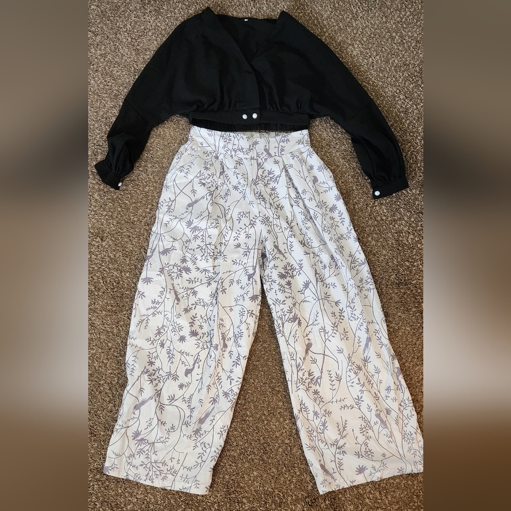 Chic Black and White Floral Wide Leg Pants With Black Long Sleeve Blouse